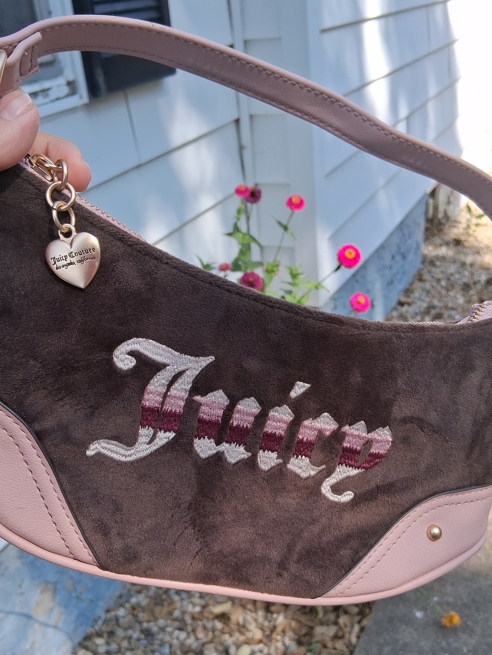 Juicy Couture Brown Suede Shoulder Bag with Pink Trim